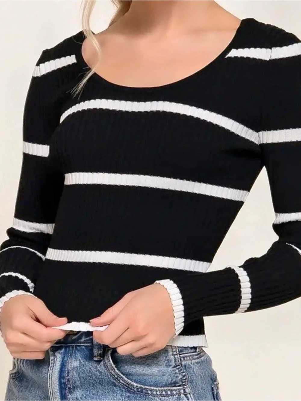 42POPS Black & White Striped Ribbed Scoop Neck Sweater Top
